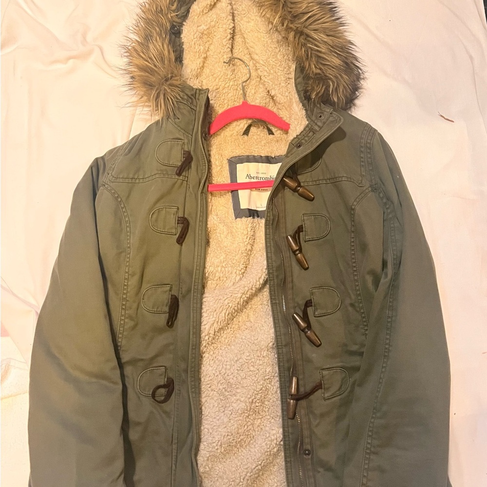 Abercrombie Fitch Womens Large Olive Green Parka Jacket Coat Lined Faux Fur Hood